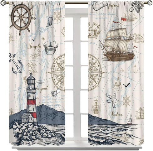 Sailboat 42x54in Nautical Curtains, Vintage Map Lighthouse Anchor Starfish Boat Anchor Sea Animal Blackout Window
