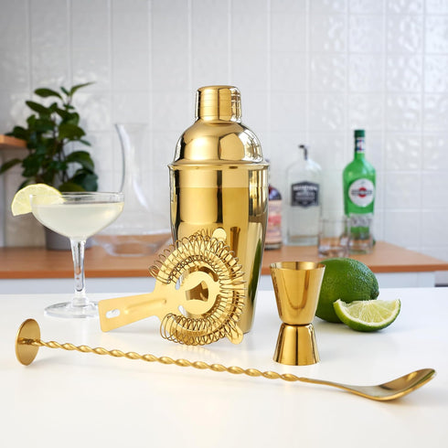 True 4-Piece Cocktail Shaker Set, Gold Includes Cobbler Shaker, Strainer, Jigger, Bar Spoon