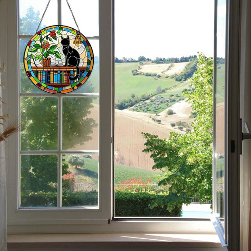 RVEAFA 9.8'', Cat Sun Catcher Stained Glass Window Hanging Book Lover Gifts for Women Book Wall Decor Handmade Sun