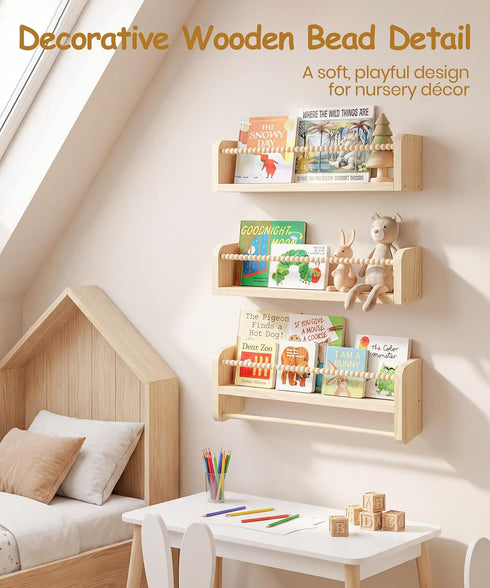 Set 3, Nursery Book Shelves for Wall of Natural Wood Bookshelves Wall Decor, Small Floating Shelf Organizer for Kids