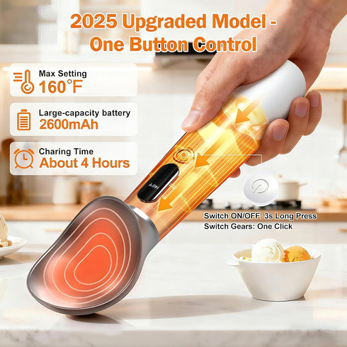 undersary 3-Speed IP67 Heated Ice Cream Scoop - Electric Warming Scooper, Rechargeable USB-C Fast Charge with LED