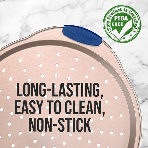 NutriChef 13-Inch Non-Stick Pizza Tray with Silicone Handle, Round Steel Pan with Perforated Holes, Champagne Gold