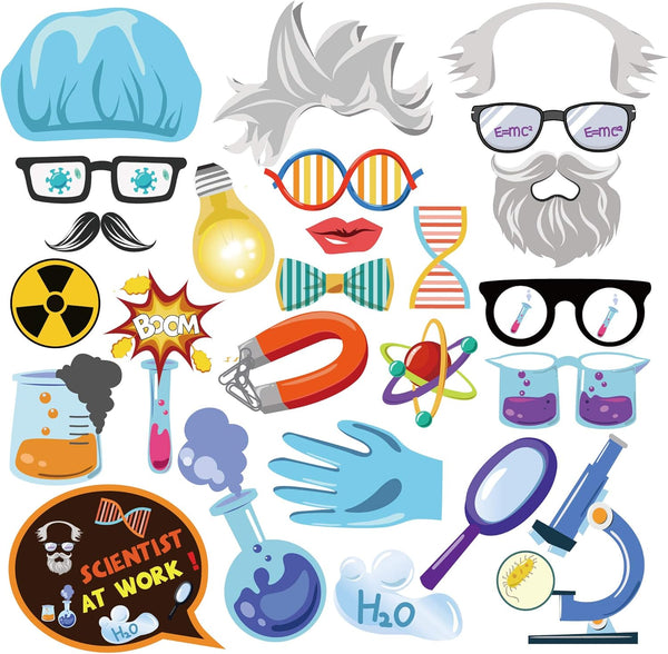 25Pcs Scientist Photo Booth Props with Stick, Mad Scientist Birthday Party Decorations for Laboratory Supplies