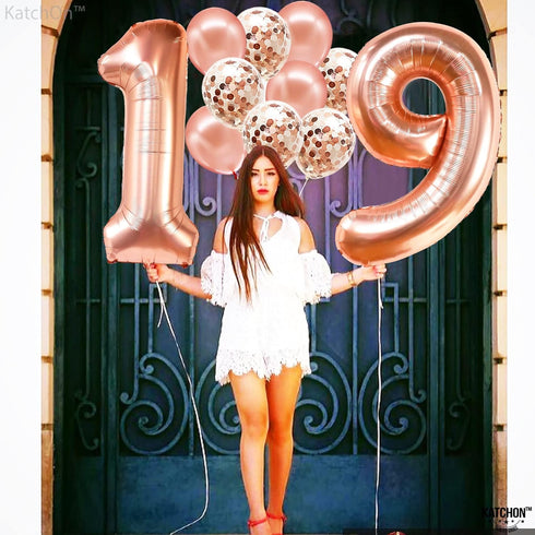 KatchOn Giant Rose Gold 19 Balloon, 40 Inch Birthday Balloons with Confetti for Happy 19th Birthday