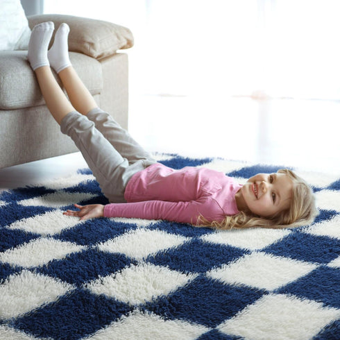 KICMOR 4x6 Navy Blue and Cream White Rugs for Living Room, Fluffy Fuzzy Shag Checkered Rug Shaggy Carpet for Bedroom