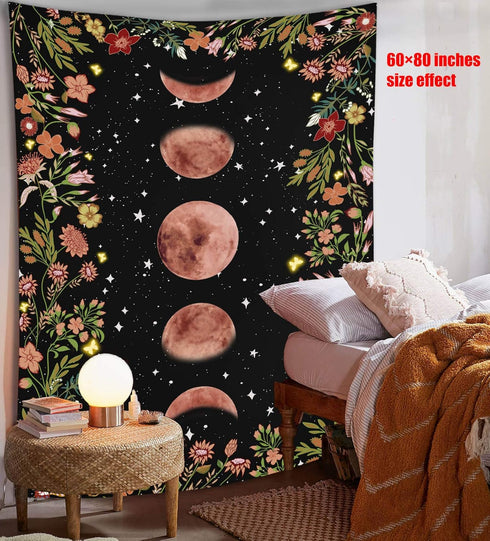 Rexful Moonlit Garden Tapestry - Moon Phase Surrounded by Plants and Flowers, Black Wall Hanging Blanket 44×60 inch