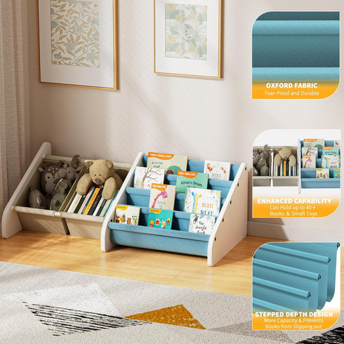 4-Tier Polegas Montessori Kids Bookshelf - Toddlers Bookshelf with Tear-Proof Oxford Sling, Book Shelf for Kid Rooms