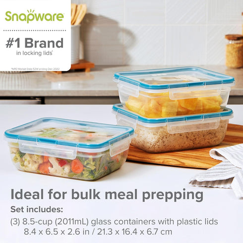 Snapware Total Solution 3-Pack (8.5-Cup) Plastic Food Storage Containers Set, Leakproof & Airtight Locking Lids