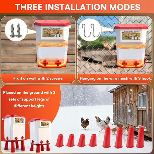 3 Control,Red,12.5 8.3 inch 8.3 Gallon Heated Chicken Waterer for Winter Automatic Chicken Water Heater,Adsjustable