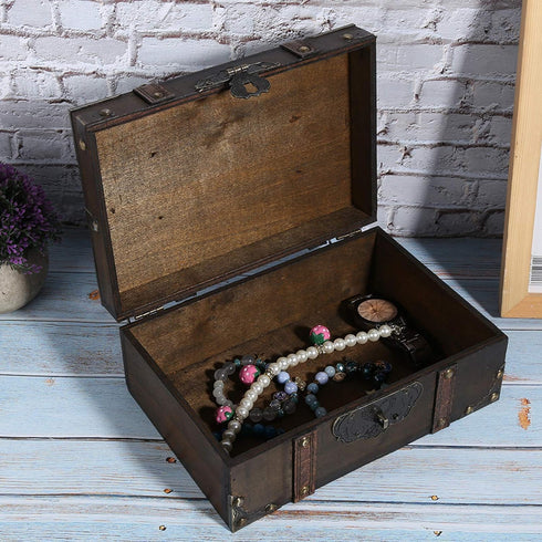 WESE Vintage Wooden Treasure Chest, Handcrafted Jewelry Storage Box with Lock, Large Capacity for Kids' Birthday Party