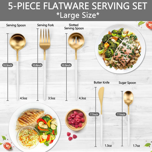 Serving Utensils,Set of 5 Matte Whitegold Large Serving Spoon,Slotted Serving Spoon and Serving Fork,with Sugar Spoon and Butter Knife,Stainless Steel Serving Utensils Set for Party Kitchen Restaurant by targzier