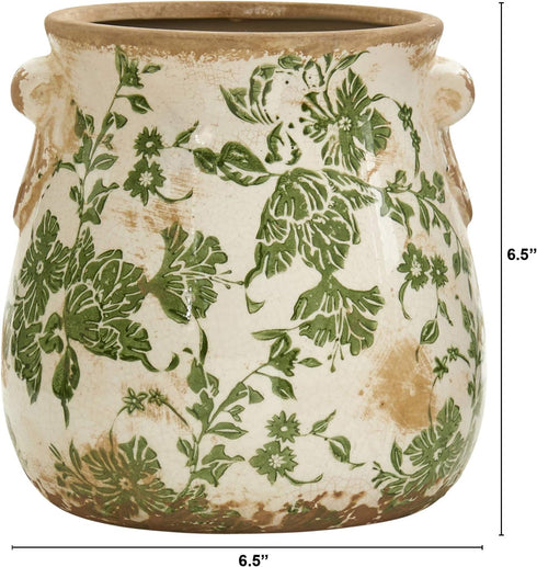 6.5in Nearly Natural Ceramic Decorative Vase, Tuscan Style Green Floral Scroll Design For Indoor Home Shelf Table Decor