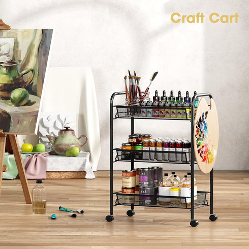 3-Tier 3 TOOLF Metal Rolling Cart, Mesh Wire Easy Assemble Utility Cart, Storage Trolley on Wheels with Hooks