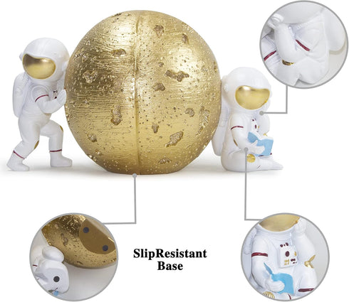 Heavy Duty Astronaut Bookends, Space-Themed Book Ends for Kids Room & Nursery Decor, Gold Moon Book Stoppers to Hold
