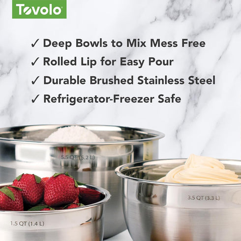 Tovolo Stainless Steel Mixing Bowls, 5.5 Qt, Dishwasher Safe for Kitchen Prep & Cooking