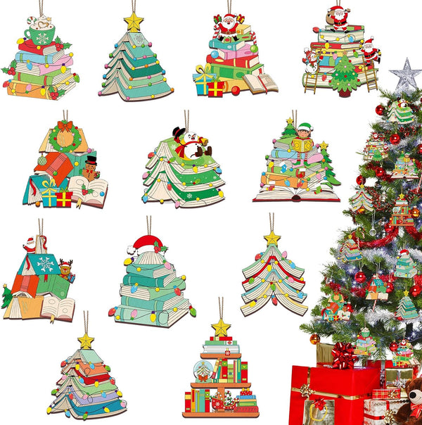 24Pcs Christmas Wooden Book Ornaments Book Lovers Gifts Xmas Tree Reading Ornament