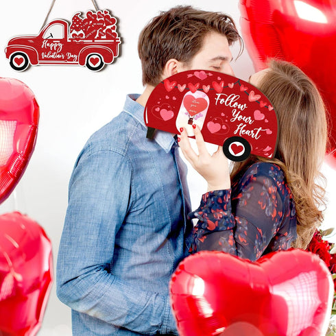 2 Pieces Valentine's Day Decor - Valentine's Day Heart Sign, Wooden Wall Decor, Happy Valentine's Day Truck Hanging