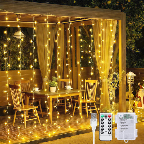 JMEXSUSS 200 LED Curtain Lights Battery Operated & USB Plug in, 8