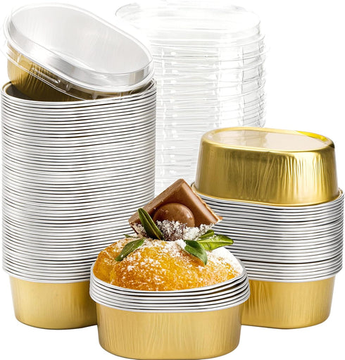 Dicunoy 100 Pack Mini Aluminum Cups with Lids, 3 OZ Disposable Muffin Liners for Dessert Baking