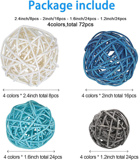 72 Pcs Wicker Rattan Decorative Balls Centerpiece Bowls Fillers Balls for Spring Summer Craft, Wedding Party, Potpourri Decor, 4 Sizes(Dark Blue, Sky Blue, Gray, White) by Patelai