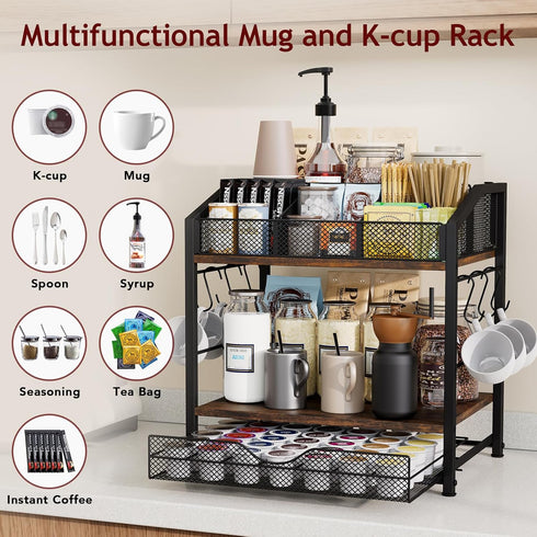 Countertop 42 Homsorout Coffee Bar Organizer - Coffee Station, K Cup holder Storage Basket with Drawer and Hooks