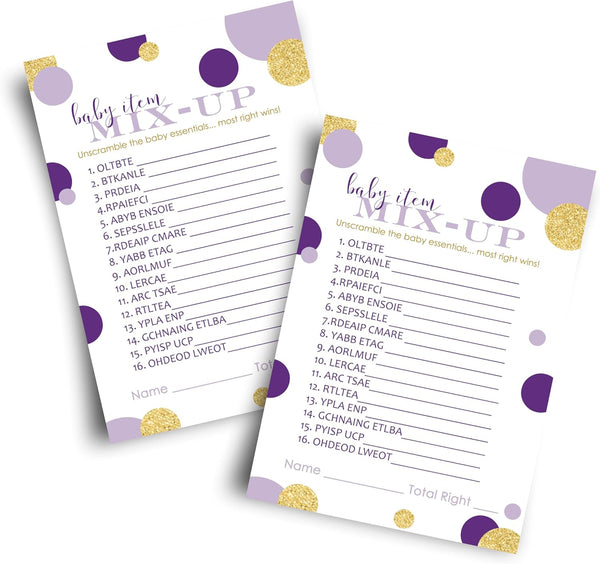 Purple and Gold Baby Shower Games - Word Scramble Game for Gender Reveal - 25 Pack, Royal Mermaid Design
