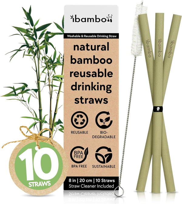 100% Bamboo Straws (10-Pack) - Biodegradable & Compostable 8 Inch Reusable Straws with Cleaner, Eco Friendly