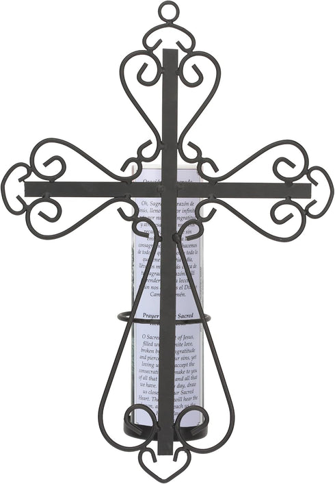 Stonebriar Decorative Scrolled Metal Cross Wall Sconce with Jesus LED Candle, Religious Gift Ideas for Friends
