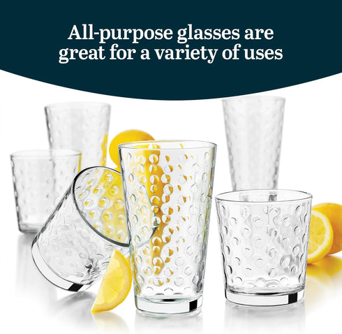 Libbey Awa Tumbler and Rock Glasses Set - Elegant Polka Dot Drinking Glasses, 16 All Purpose Cups for Events