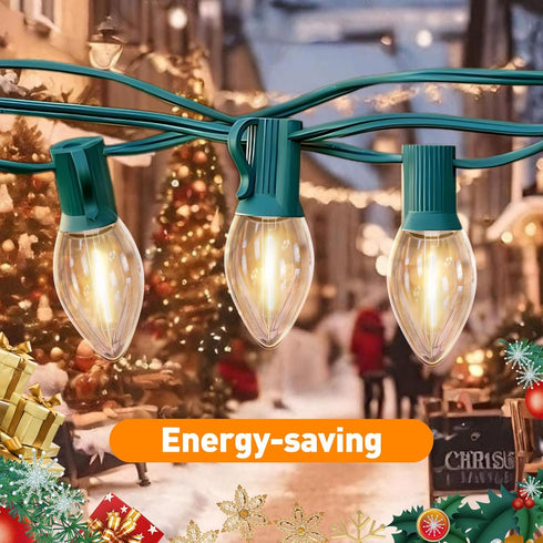 C7 12FT 12 C7 Bulbs, LED Christmas & Halloween Lights - Outdoor Clear String Lights with Vintage Warm White Hanging