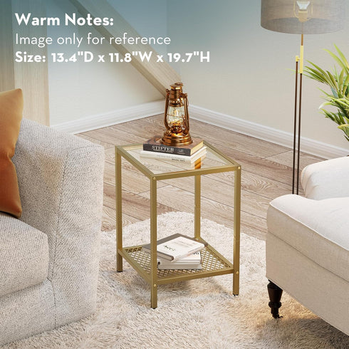 2-Tier Storage,13.3" 11.8" 19.7",Modern SAYGOER Glass Side Table Small Gold End Table for Narrow Space Square