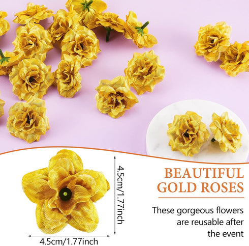 Syhood 100 Pieces Gold Artificial Roses Head Bulk, Small Silk Fake Rose Buds for Decoration and DIY Crafts