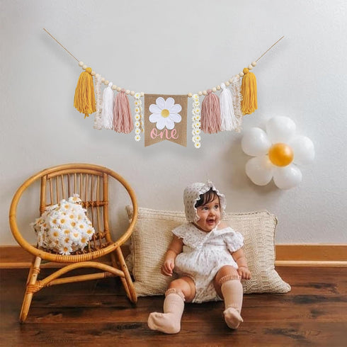 1st Daisy Garland Highchair Banner - Birthday Party Decorations,Girl Birthday Decor Cake Smash,Tassel Daisy One High