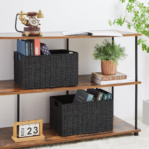 Vagusicc Wicker Basket, Set of 2 Woven Paper Rope Storage Bins with Handles, Foldable Large Cube Organizers in Black