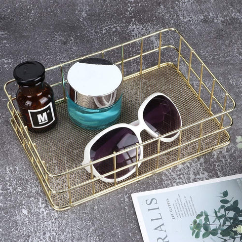 Wire Mesh Basket, Golden Desktop Metal Storage Tray for Home Cosmetic Stationery (9.6 x 6.5 x 2.6in)