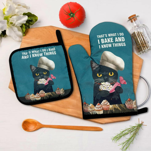 That's What I Do I Bake and I Know Things,Funny Oven Mitts and Pot Holders Sets of 2,Silicone Non-Slip Oven Mitts,Cat Kitchen Gift,Cooking Baking BBQ Gifts,Cat Oven Mitts,Cat Lover Gift