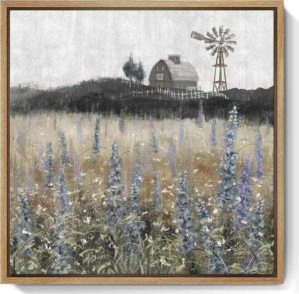Framed Wall Art Vintage Classical Farmhouse Painting, Rustic Wildflower Field Landscape Canvas Print