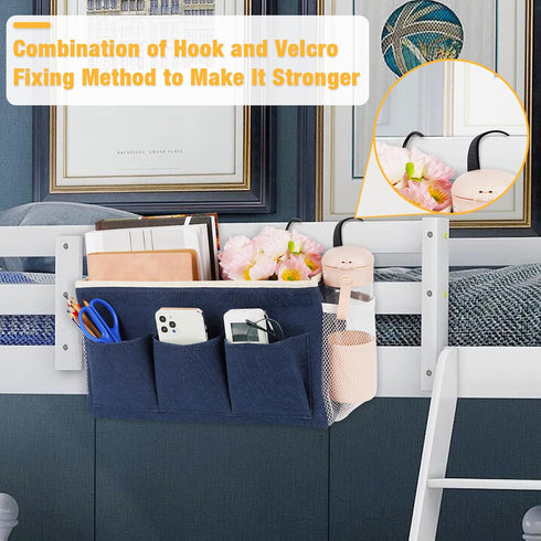 Bedside Caddy Bedside Organizer Bedside Storage Caddy with Fixed Straps and Water Bottle Holder for Home College Dorm Bunk Bed Hospital Bed Crib Bed Rails (Navy Blue) by Lilithye