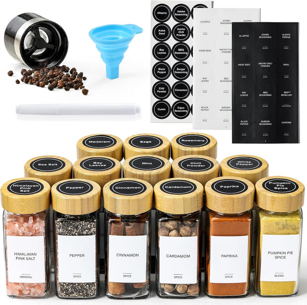 AOZITA 14 Pcs Spice Jars with Bamboo Lids, 4oz Square Spice Bottles with Shaker Lids and Airtight Caps