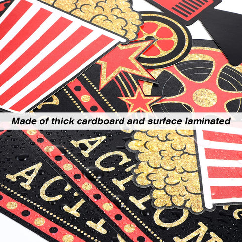 Hicarer 32 Pieces Movie Party Decorations Red Carpet Cutouts Cards Table Toppers Double Sided Printing Golden Black Red
