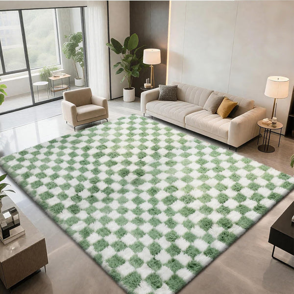 Area Rugs for Bedroom Living Room,5x8 Green and White Fluffy Soft Checkered