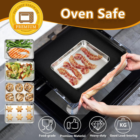 P&P CHEF Toaster Oven Pans with Racks Set of 2, Stainless Steel Small Baking Pan Sheet for Oven Cooking