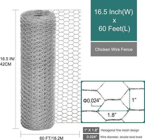 24 Rifny 16.5 Inch 60 1 Inch Chicken Wire Fencing, x Feet Chicken Wire Mesh Roll for Garden Plants, Mesh Hexagonal