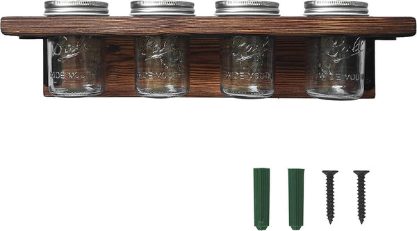 Mason Jar Shelf, Rustic Farmhouse Toothbrush Holder Wall-Mounted, Hanging Mason Jars Organizer