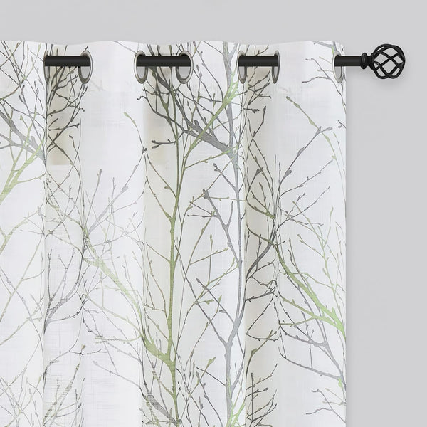 FMFUNCTEX Linen Semi Sheer Curtains, Sage Green White, 54 Inches Long for Living Room, Grommet Top 2 Panels