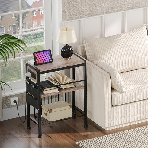 3-Tier BG412UBZ01 HOOBRO End Table with Charging Station, Small Side Table with Magazine Holder, Nightstand Bedside