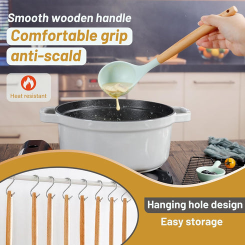 QMVESS Silicone Kitchen Utensils Set, 35 Pcs Non-Stick Cooking Accessories with Wooden Handles