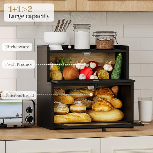 AUGOHCMIL Countertop, Bread Box for Kitchen Large Bamboo Bread Storage Container with Double Layer, Bread Holder