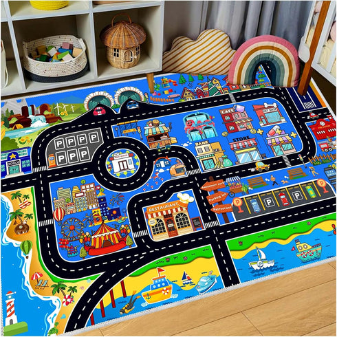39''x59'' Kids Car Rug Play Mat Carpet for Cars Toys, Educational Road Traffic Carpet Kid Rugs for Playroom Kids Room