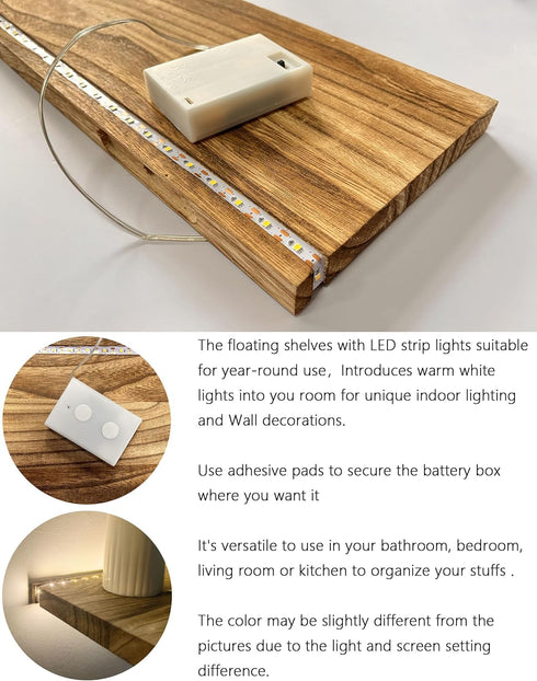 Comtelek Set 2, Floating Shelves for Wall Decor Wood Wall Mounted Shelves with LED Lights of Sturdy Rustic Wood Shelves